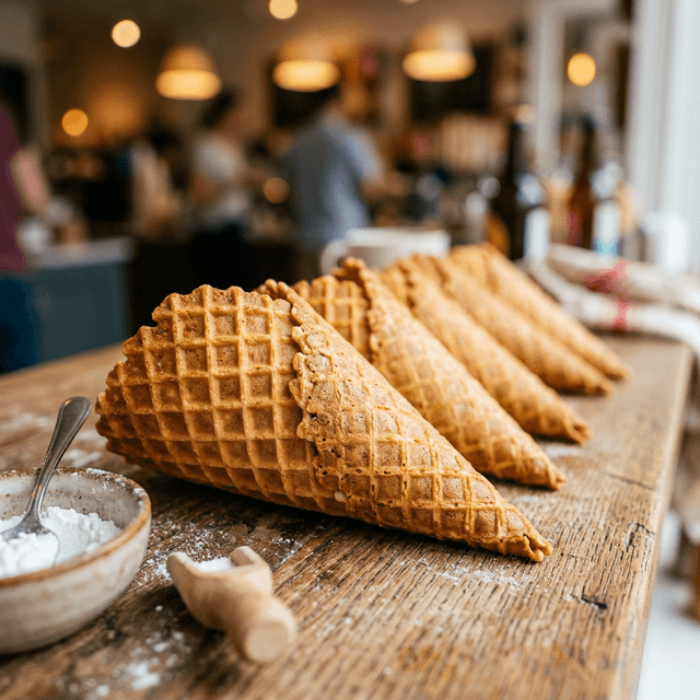 Freshly baked golden waffle cones